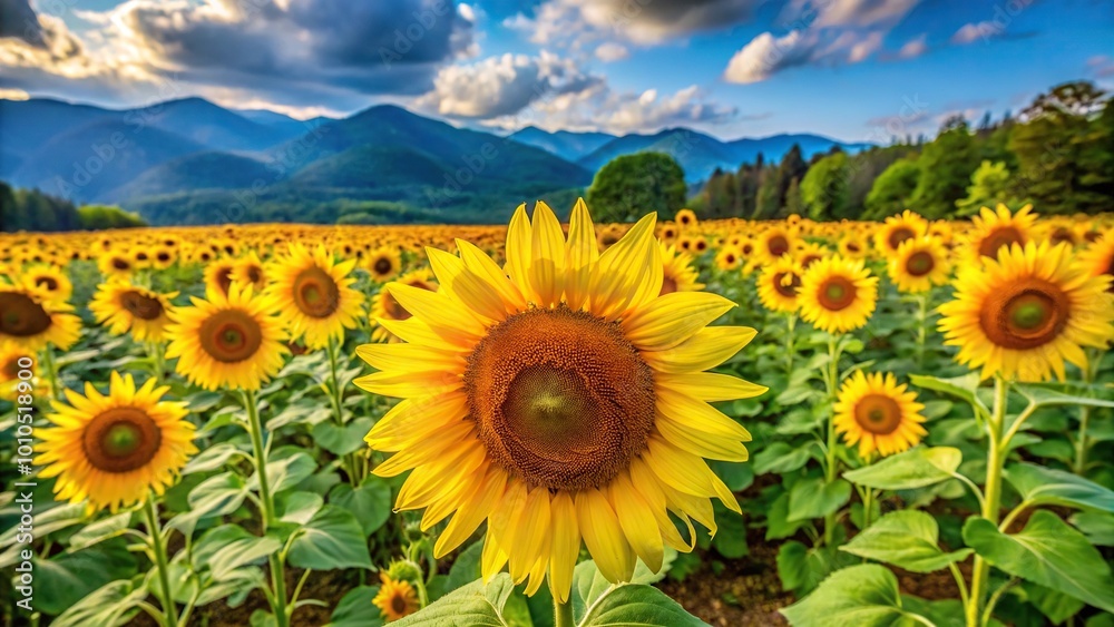 Obraz premium Field of sunflowers close up in Cades Cove, Smoky Mountains