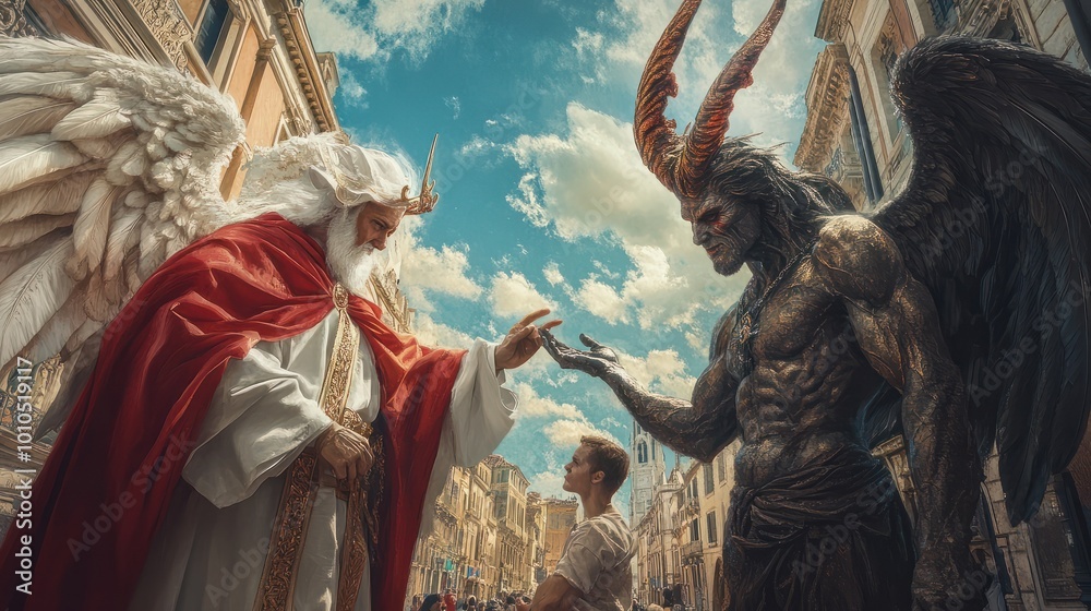 Naklejka premium Saint nicholas, the devil, and an angel encountering each other on a european street