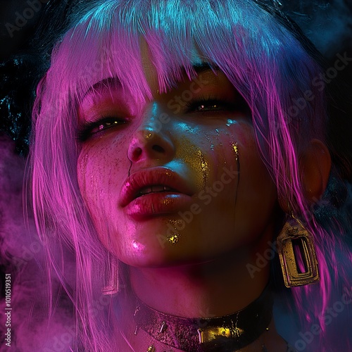 Cyberpunk Woman with Glowing Pink Hair and Gold Tears