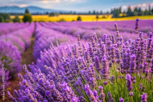 Fields of lavender flowers growing in the summer in Oregon Macro photo