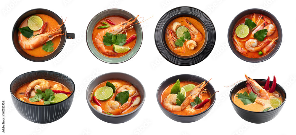 Delicious shrimp soup in various bowls with fresh ingredients on isolated background. Delicious shrimp soup in various bowls with fresh ingredients on isolated background.