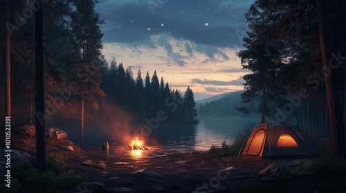 Campsite by a Lake Under a Starry Night Sky