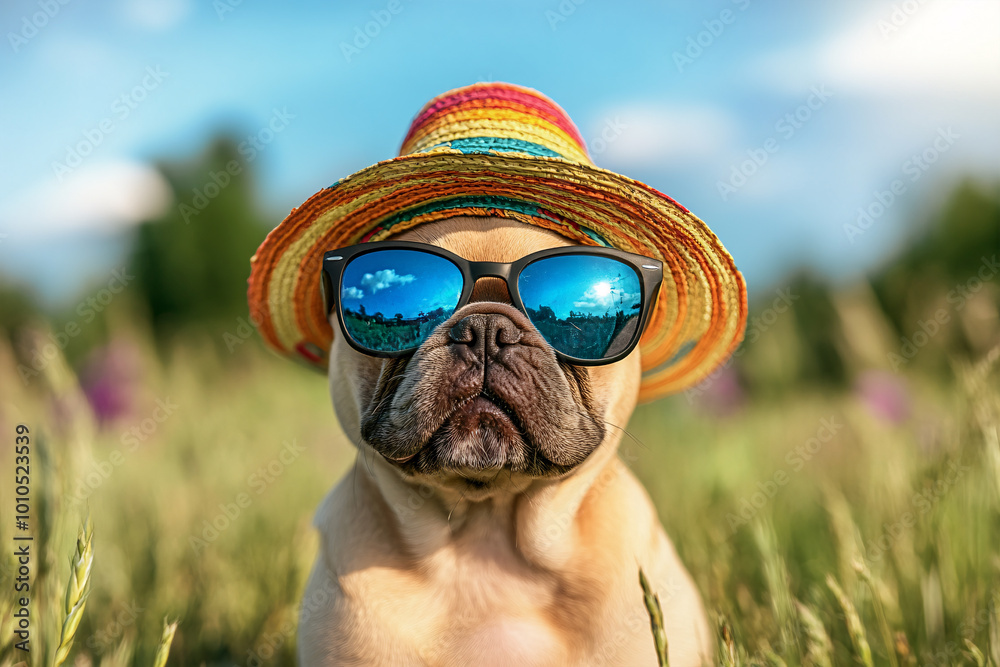 Φωτογραφία Cool fawn French Bulldog dog with sunglasses and summer straw hat in front of me