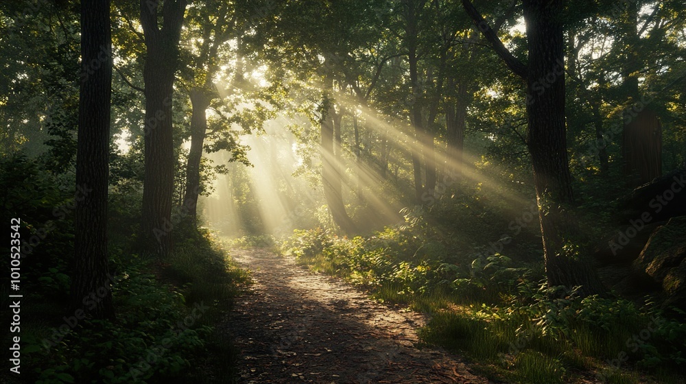 Fototapeta premium Sunbeams Illuminating a Forest Path