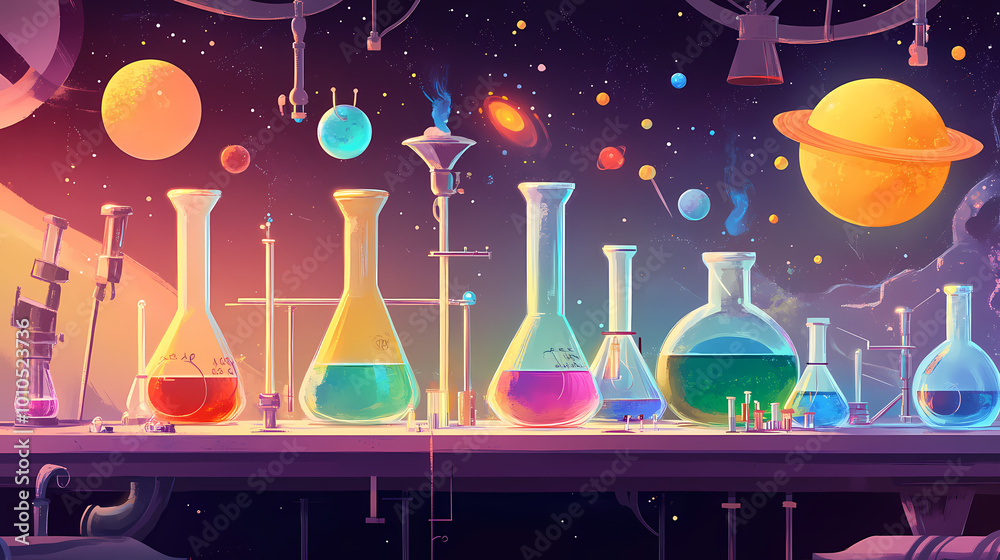 A cartoon illustration, vibrant chemistry lab with colorful planetary illustrations and bubbling flasks. Alchemy Lab. Illustration A cartoon illustration, vibrant chemistry lab with colorful planetary illustrations and bubbling flasks. Alchemy Lab. Illustration