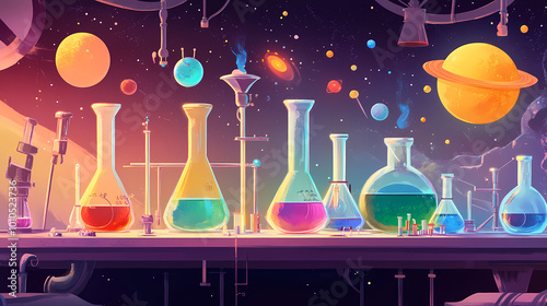 A cartoon illustration, vibrant chemistry lab with colorful planetary illustrations and bubbling flasks. Alchemy Lab. Illustration