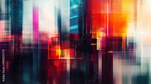 Vibrant abstract technology background with blurred cityscape and geometric shapes for design