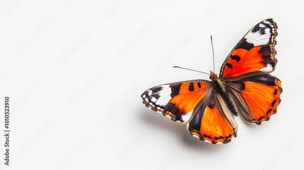 Naklejka premium A vibrant orange and black butterfly with white markings is perched on a white background, its wings spread wide.