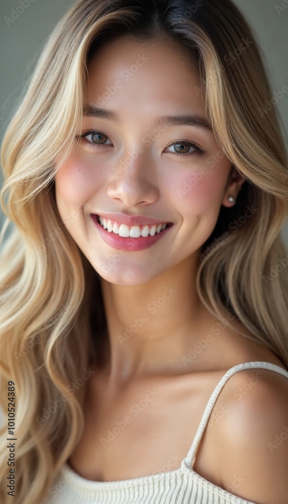 Young korean woman with light brown hair and natural makeup, smiling softly Young korean woman with light brown hair and natural makeup, smiling softly