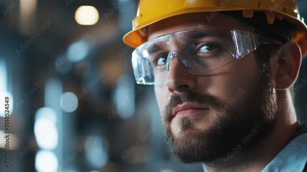 Close-up Portrait of a Construction Worker with Safety Glasses and Hard Hat Close-up Portrait of a Construction Worker with Safety Glasses and Hard Hat