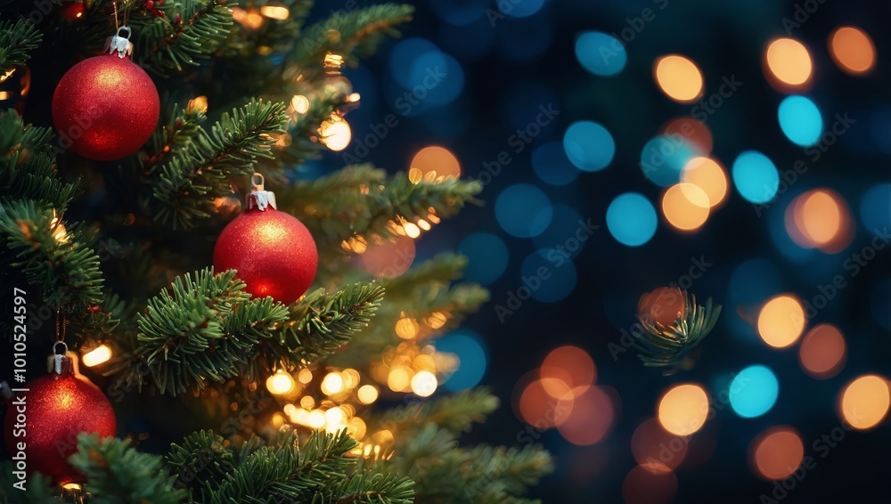 Christmas tree and blur bokeh lights background. Xmas and happy new year. Use for greeting card, cover, banner, header template Christmas tree and blur bokeh lights background. Xmas and happy new year. Use for greeting card, cover, banner, header template