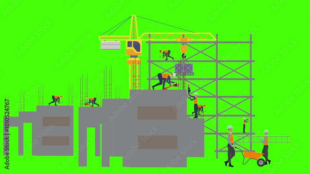Construction building site animation with workers, green screen Construction building site animation with workers, green screen