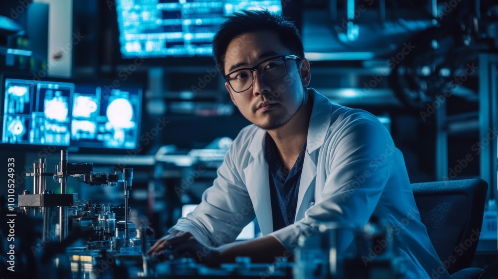 A Scientist in a Lab, Focused on a Machine Under Blue Lighting A Scientist in a Lab, Focused on a Machine Under Blue Lighting