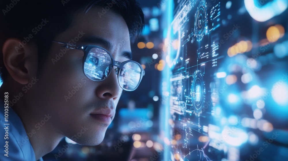 Man in Glasses Gazing at Futuristic Interface Display Man in Glasses Gazing at Futuristic Interface Display