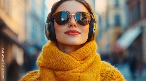 Woman wearing yellow scarf and headphones enjoying music while walking in the city