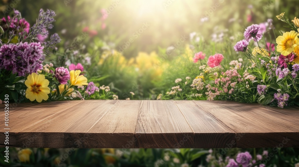 Vibrant flowery background with a wooden table, creating a fresh, spring atmosphere for product display. Vibrant flowery background with a wooden table, creating a fresh, spring atmosphere for product display.