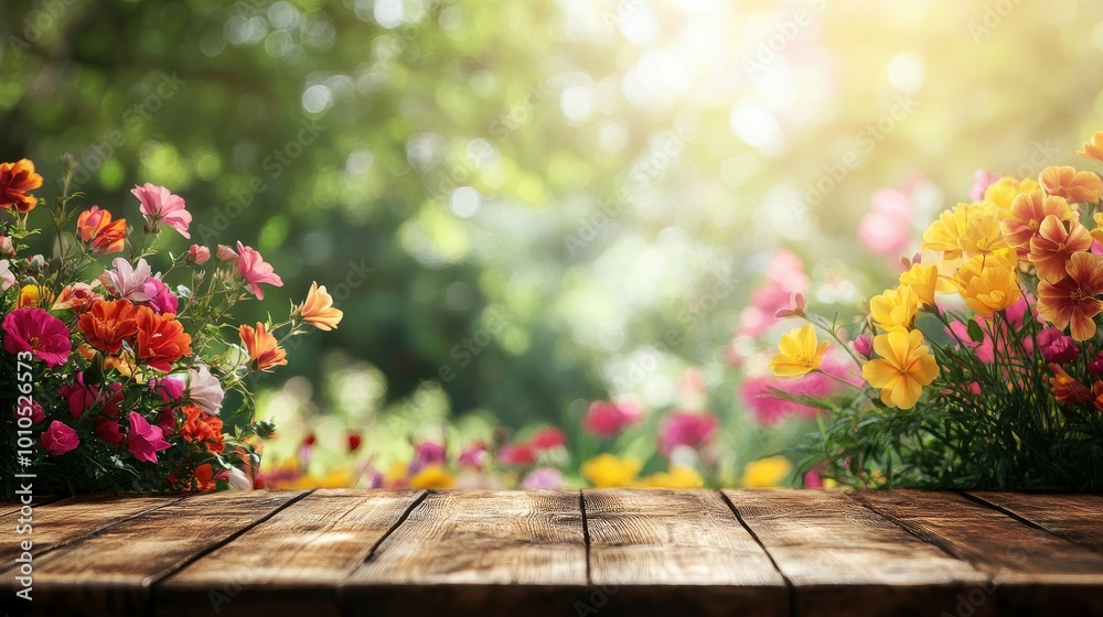 Vibrant flowery background with a wooden table, creating a fresh, spring atmosphere for product display. Vibrant flowery background with a wooden table, creating a fresh, spring atmosphere for product display.