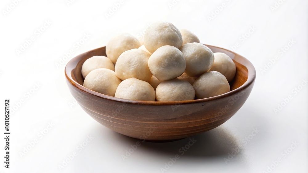 Fishballs served in ceramic bowl on white background, panoramic Fishballs served in ceramic bowl on white background, panoramic