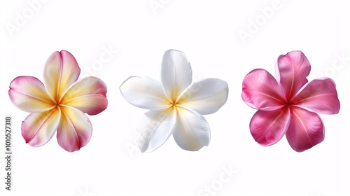 A mix of white, colorful, and pink plumeria flowers arranged in clusters on a white backdrop.