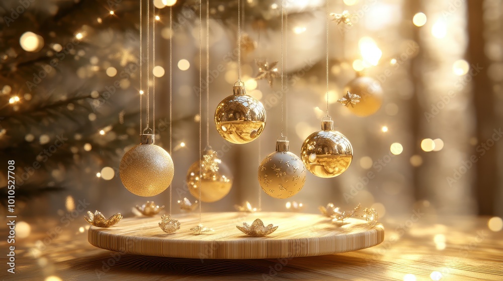 Elegant Golden Christmas Ornaments Hanging on Tree with Warm Festive Lights and Bokeh Background Elegant Golden Christmas Ornaments Hanging on Tree with Warm Festive Lights and Bokeh Background