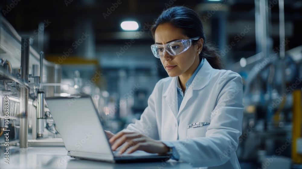 Female Engineer Wearing Safety Glasses Uses Laptop in Industrial Setting Female Engineer Wearing Safety Glasses Uses Laptop in Industrial Setting