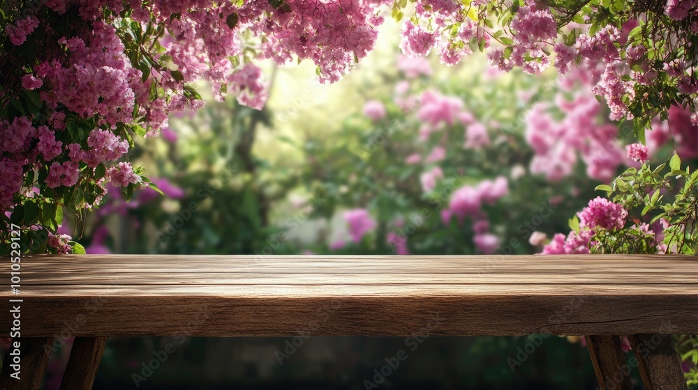 Wooden table set against a lush, blooming flowery backdrop, perfect for spring and summer product presentations. Wooden table set against a lush, blooming flowery backdrop, perfect for spring and summer product presentations.