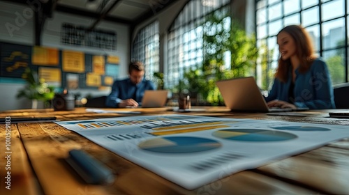 Business people engaged in a meeting with presentations, charts, and formal attire in a modern office.