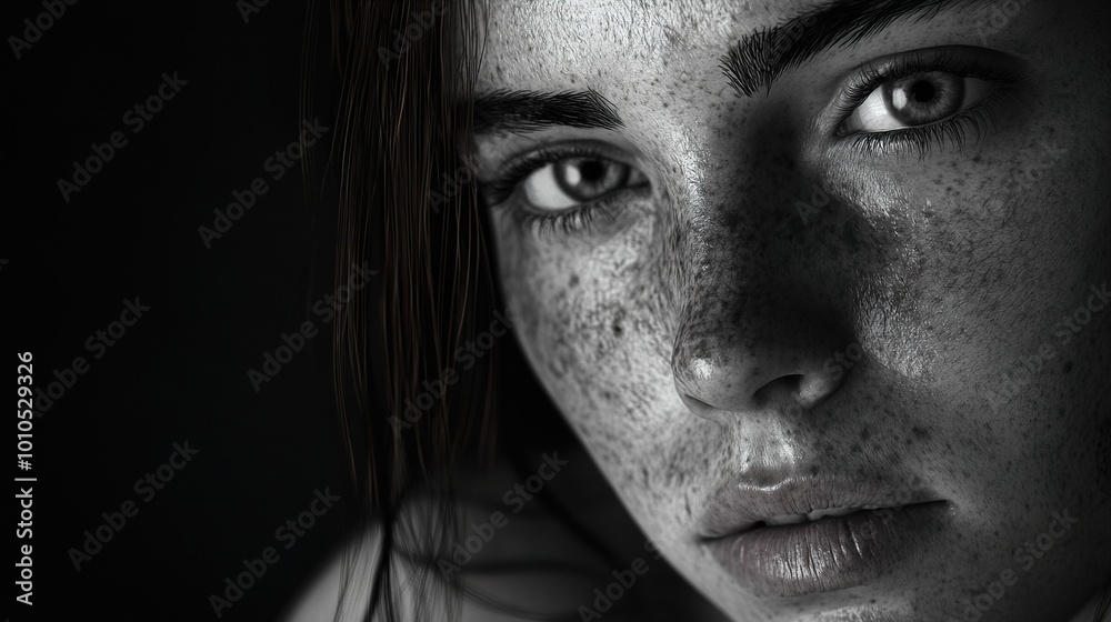 Black and White Portrait of a Woman with Freckles Black and White Portrait of a Woman with Freckles