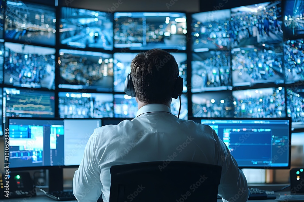 Security operator in a control room, monitoring diligently for any signs of disturbance. Security operator in a control room, monitoring diligently for any signs of disturbance.