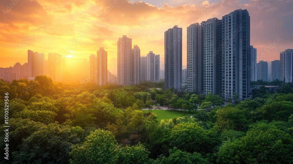Fototapeta premium A modern cityscape with high-rise apartments overlooking a beautifully landscaped urban park at sunset