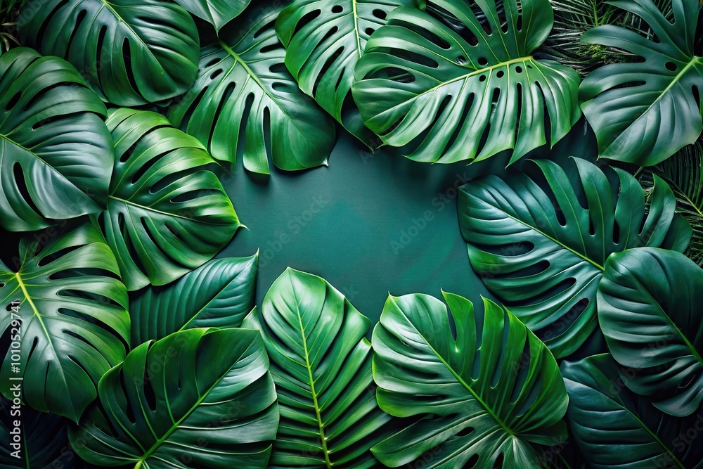 Flat lay of monstera jungle with reflected lush leaves Flat lay of monstera jungle with reflected lush leaves