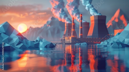 abstract energy or nuclear power station in origami style, tower with smoke, electricity, pollution