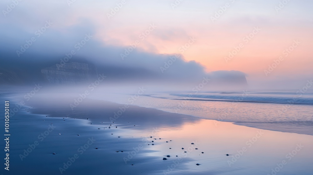 A serene beach scene at dawn, shrouded in mist with gentle waves lapping at the shore. A serene beach scene at dawn, shrouded in mist with gentle waves lapping at the shore.