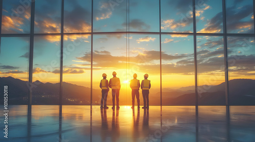 Construction Workers Watch Sunset from High-Rise Building