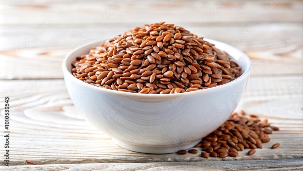 Flax seeds in a white bowl on white background Flax seeds in a white bowl on white background