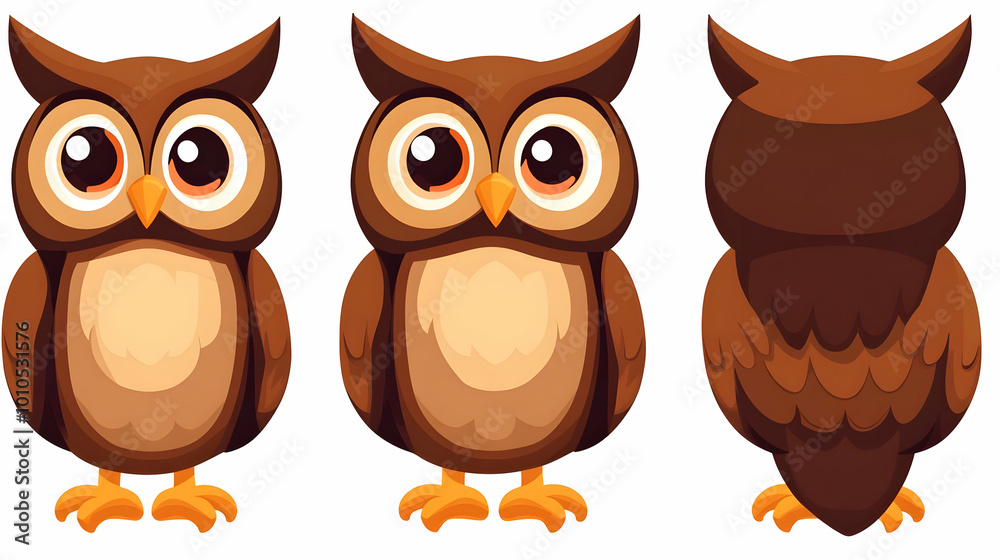 Cute Cartoon Owl Illustration: Front, Side, and Back Views Cute Cartoon Owl Illustration: Front, Side, and Back Views
