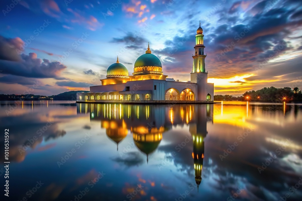 Obraz premium Floating mosque at night with surrounding lights creating a depth of field effect