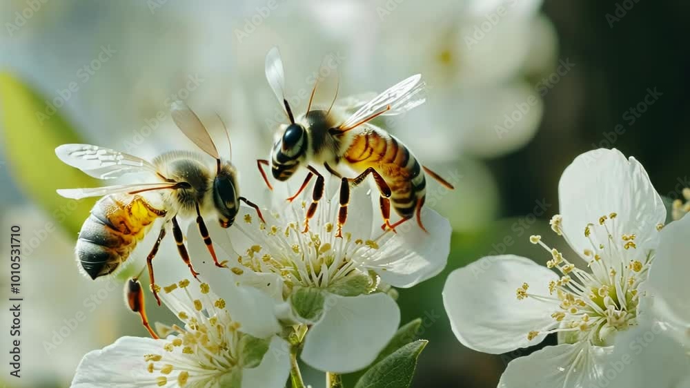 Two bees pollinating white flowers in a natural setting. Two bees pollinating white flowers in a natural setting.
