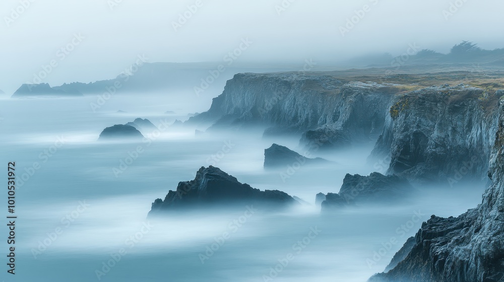 A serene coastal landscape shrouded in mist, showcasing rugged cliffs and gentle waves. A serene coastal landscape shrouded in mist, showcasing rugged cliffs and gentle waves.