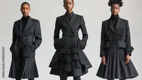 Three Black Women in Black Suits and Skirts photo