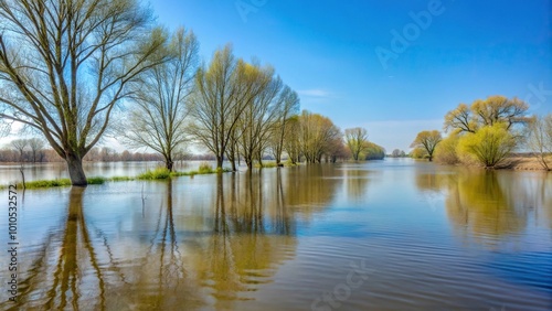 flooded river embankment in spring