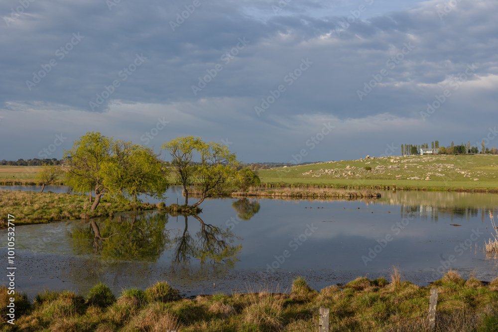 Fototapeta premium A view across the calm waters of a lake with reflections of the cloudy sky and trees growing on the bank and granite boulder covered pastures and farmland on the far side near Glen Innes in Australia.