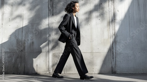A Woman in a Black Suit Walking on a Concrete Sidewalk