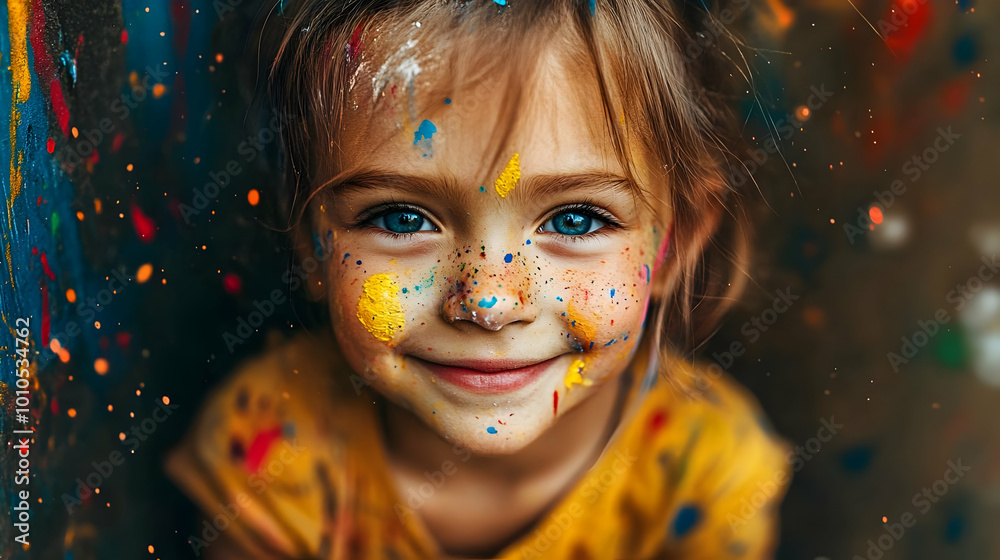 Little Girl Covered in Colorful Paint Smiles Joyfully Little Girl Covered in Colorful Paint Smiles Joyfully