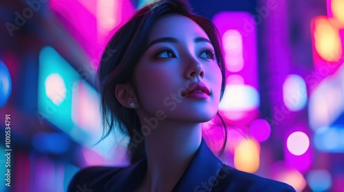 Asian Businesswoman in Neon City Lights at Nigh