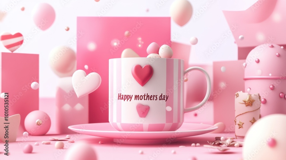 A festive pink cup with a heart, surrounded by gifts and treats, celebrating Mother's Day with love and sweetness. A festive pink cup with a heart, surrounded by gifts and treats, celebrating Mother's Day with love and sweetness.