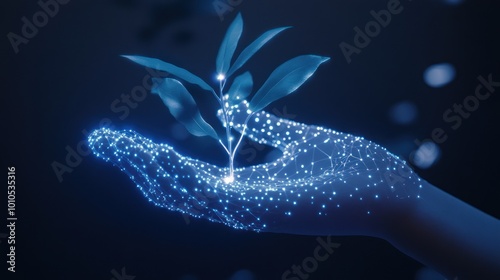 Digital hand nurturing a plant in a virtual space