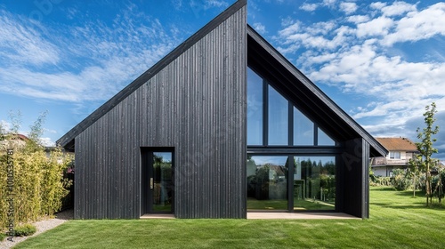 Modern Black House with Large Windows and Minimalist Design