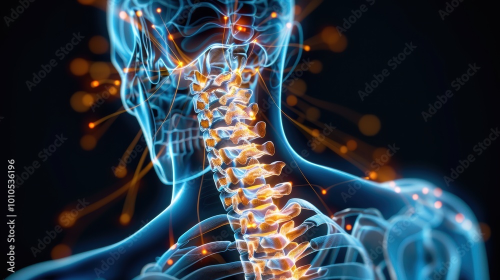 A glowing, digital representation of a human spine and neck, illustrating the backbone's structure and connectivity with neural pathways.