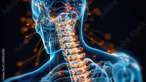 Obraz na płótnie A glowing, digital representation of a human spine and neck, illustrating the backbone's structure and connectivity with neural pathways. w salonie